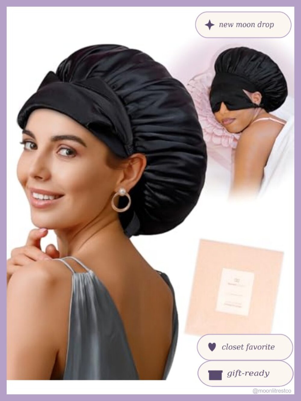 Double Layer Satin Silk Bonnet with Eye Mask Anti-Frizz Sleep Cap Adjustable